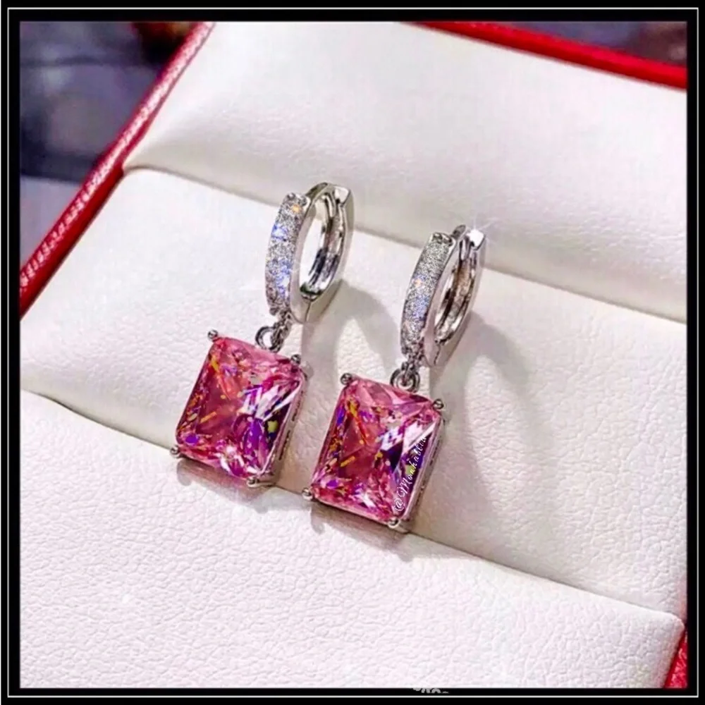 NEW WHITE GOLD BAGUETTE SQUARE PRINCESS PINK SAPPHIRE AMETHYST DIAMOND EARRINGS